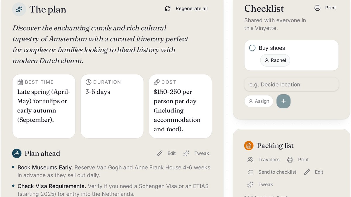 AI-generated plan with best time, duration, cost, checklist and packing list